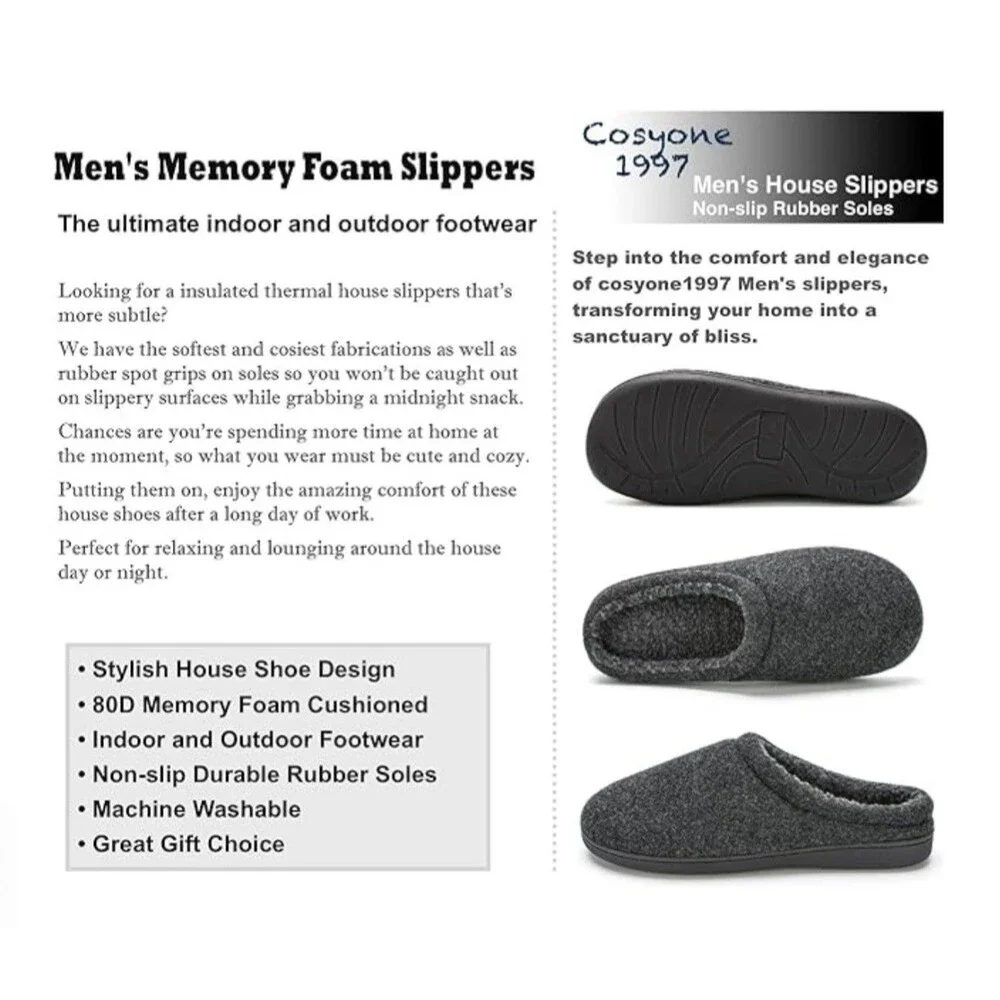 Men’s Size 7-8 Charcoal Gray Memory Foam Fleece Slip-On Slippers House Shoes NEW